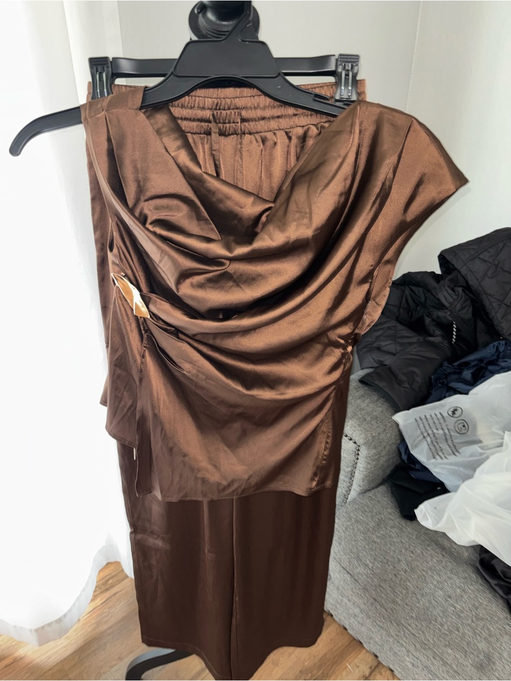Commense Satin Brown Draped Midi Dress